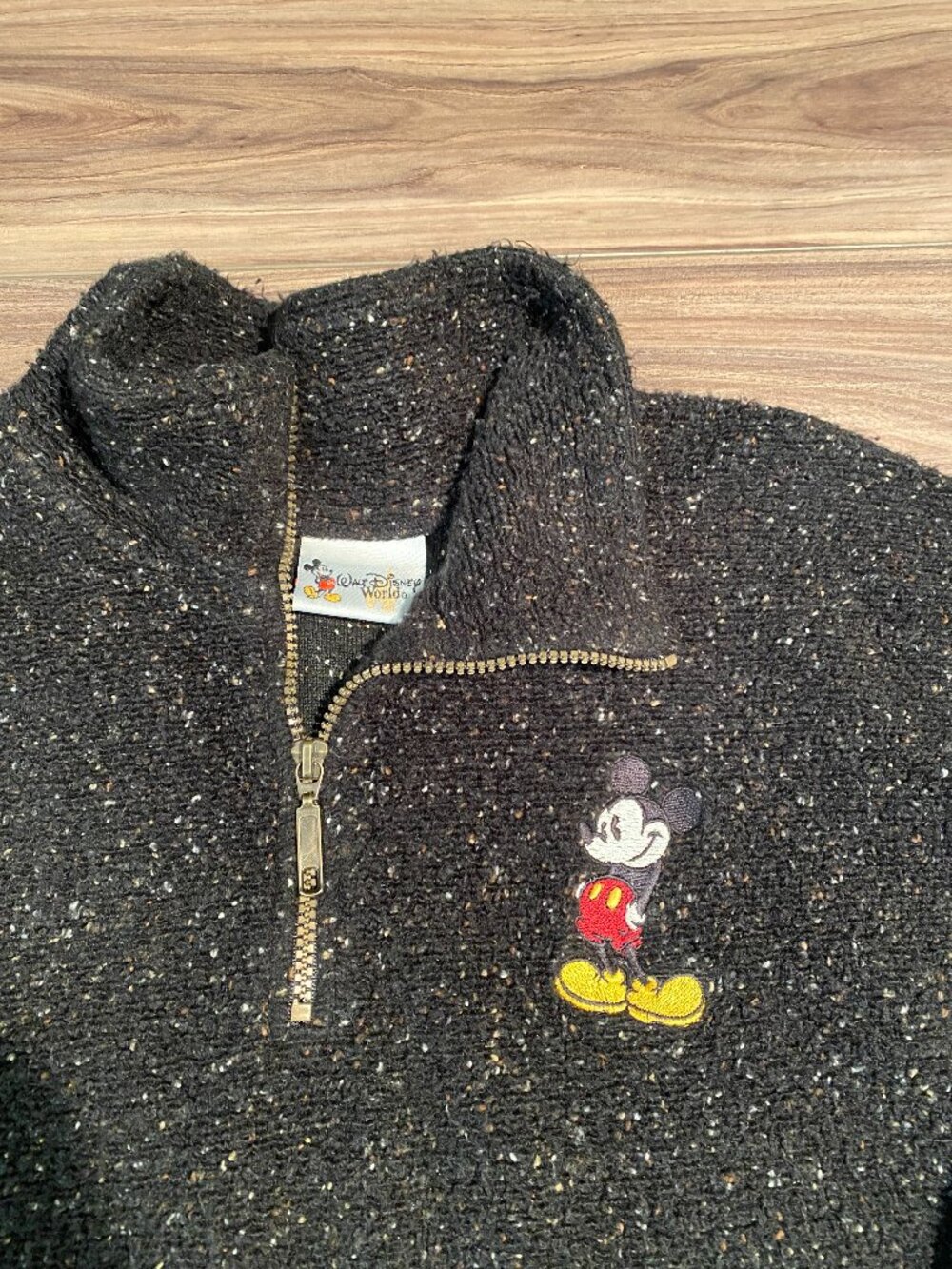 Vintage Mickey Mouse Walt Disney World Fleece 1/4 Zip Pull Over Black Large USA